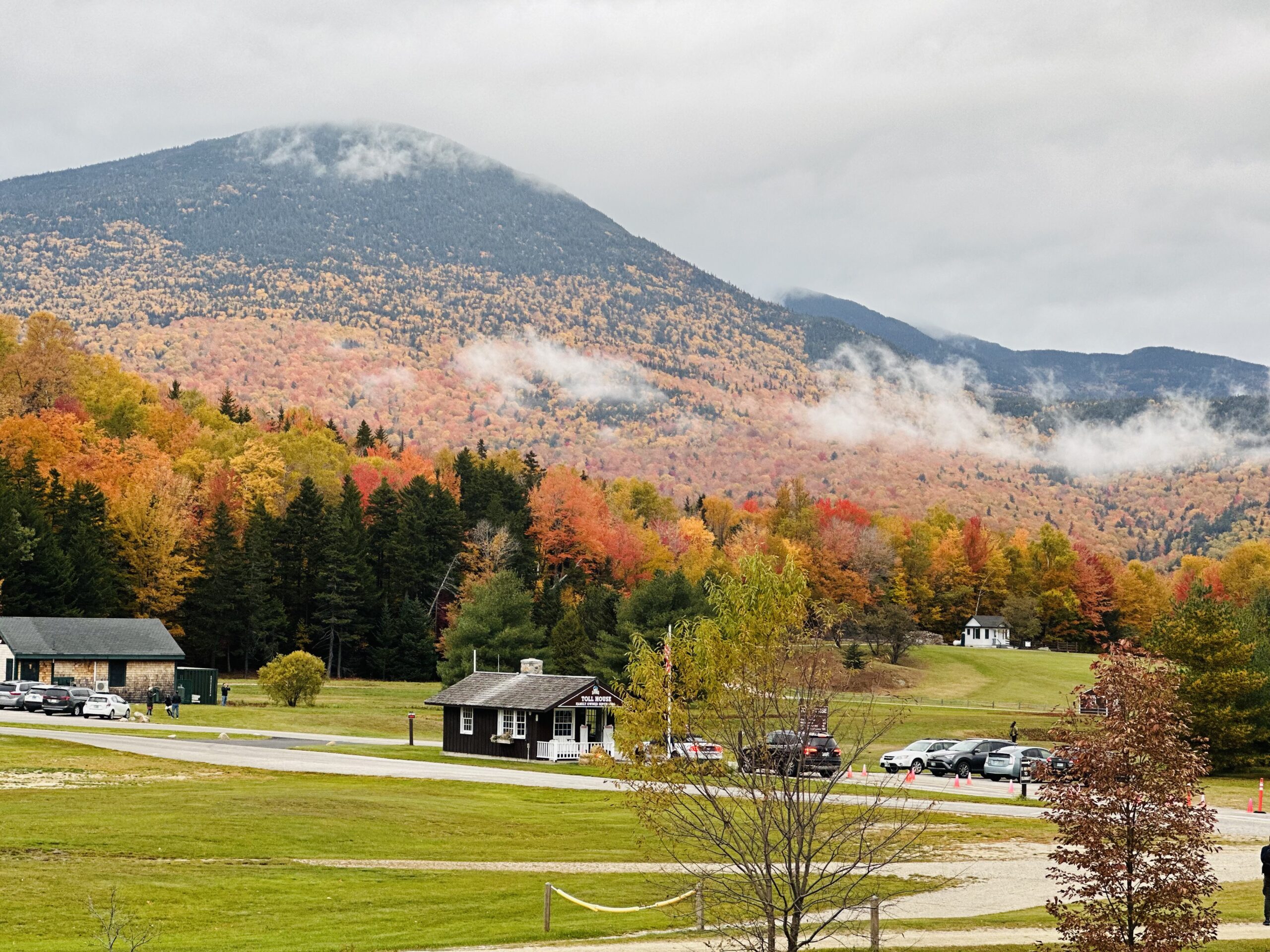 A picturesque New Hampshire landscape showcasing vibrant fall foliage with a winding road, surrounded by colorful trees in various shades of red, orange, and yellow under a clear blue sky.